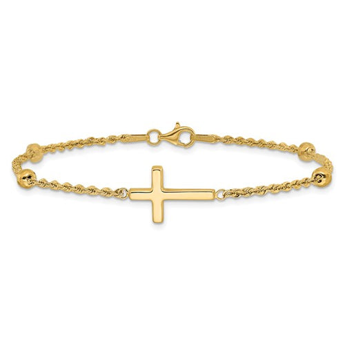 10k Diamond-cut Beaded Cross 7.5 inch Bracelet