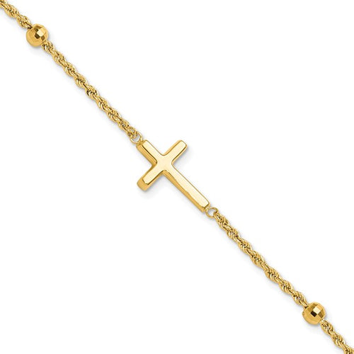 10k Diamond-cut Beaded Cross 7.5 inch Bracelet