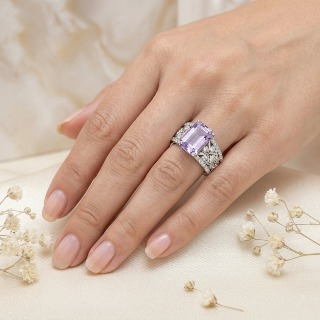 925 Sterling Silver Emerald-Cut Amethyst Ring