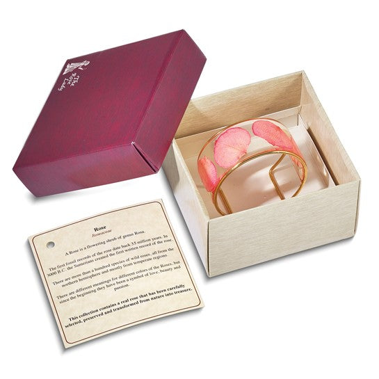 24K Gold-trim Pink Real Rose Petal Cuff Bangle Bracelet