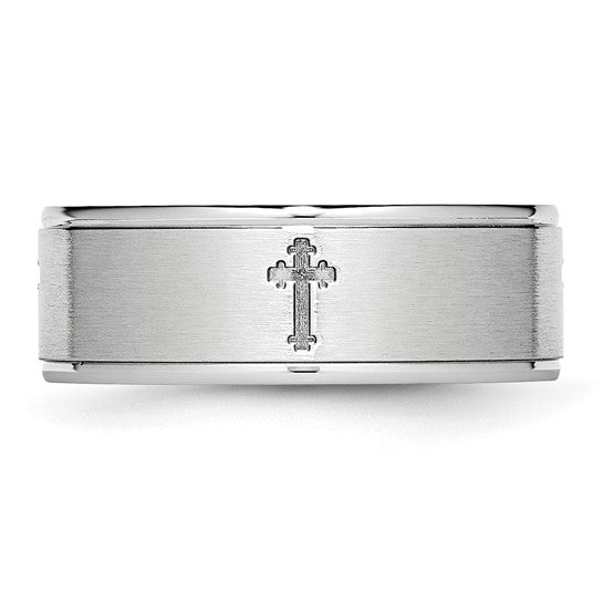 Sterling Silver Satin & Polished Ridged Band with Cross Design