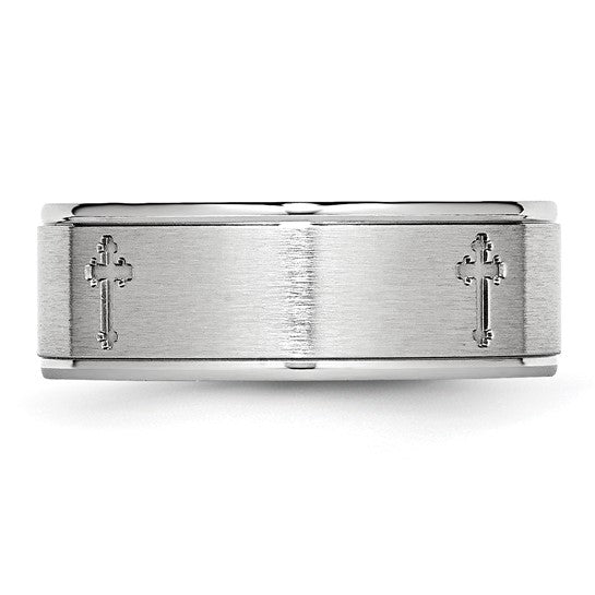 Sterling Silver Satin & Polished Ridged Band with Cross Design
