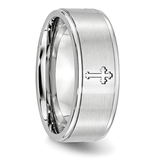 Sterling Silver Satin & Polished Ridged Band with Cross Design