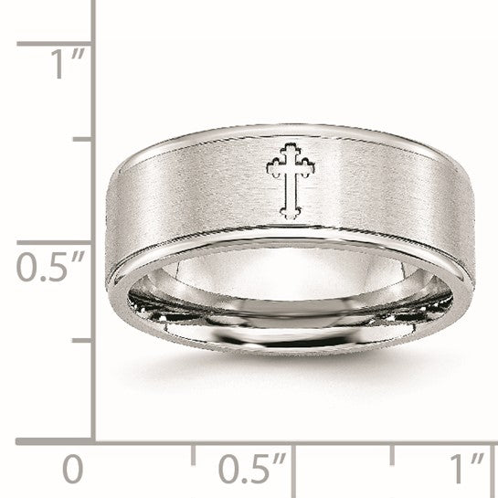 Sterling Silver Satin & Polished Ridged Band with Cross Design