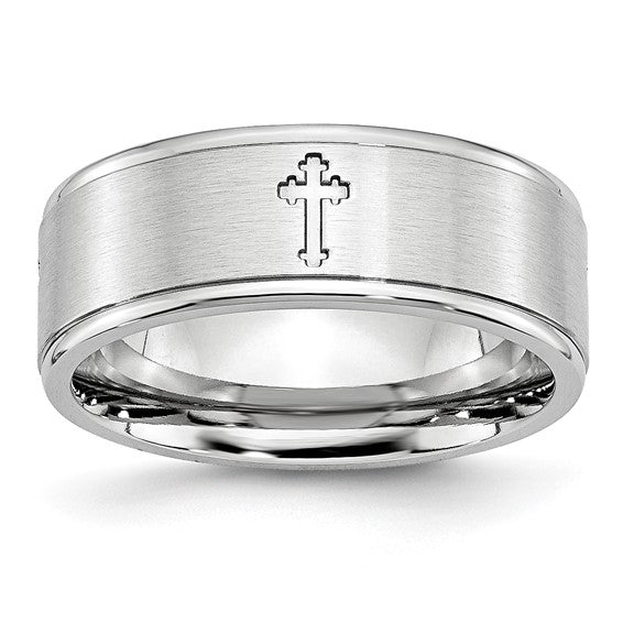 Sterling Silver Satin & Polished Ridged Band with Cross Design