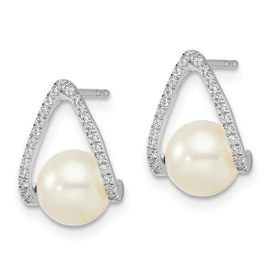 14KW Pearl & Diamond "V" Earrings