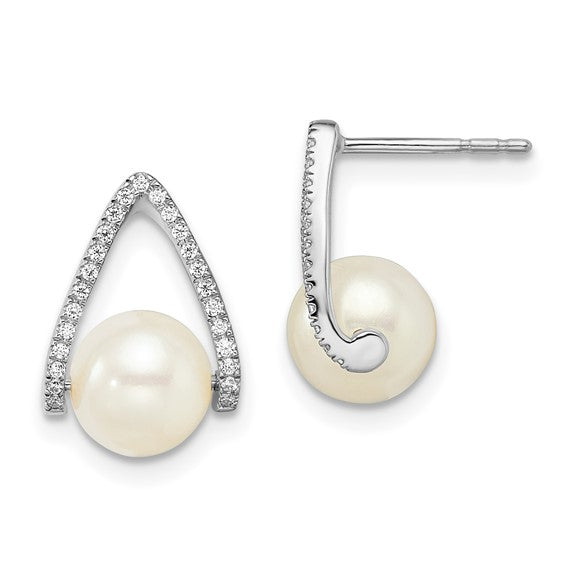 14KW Pearl & Diamond "V" Earrings