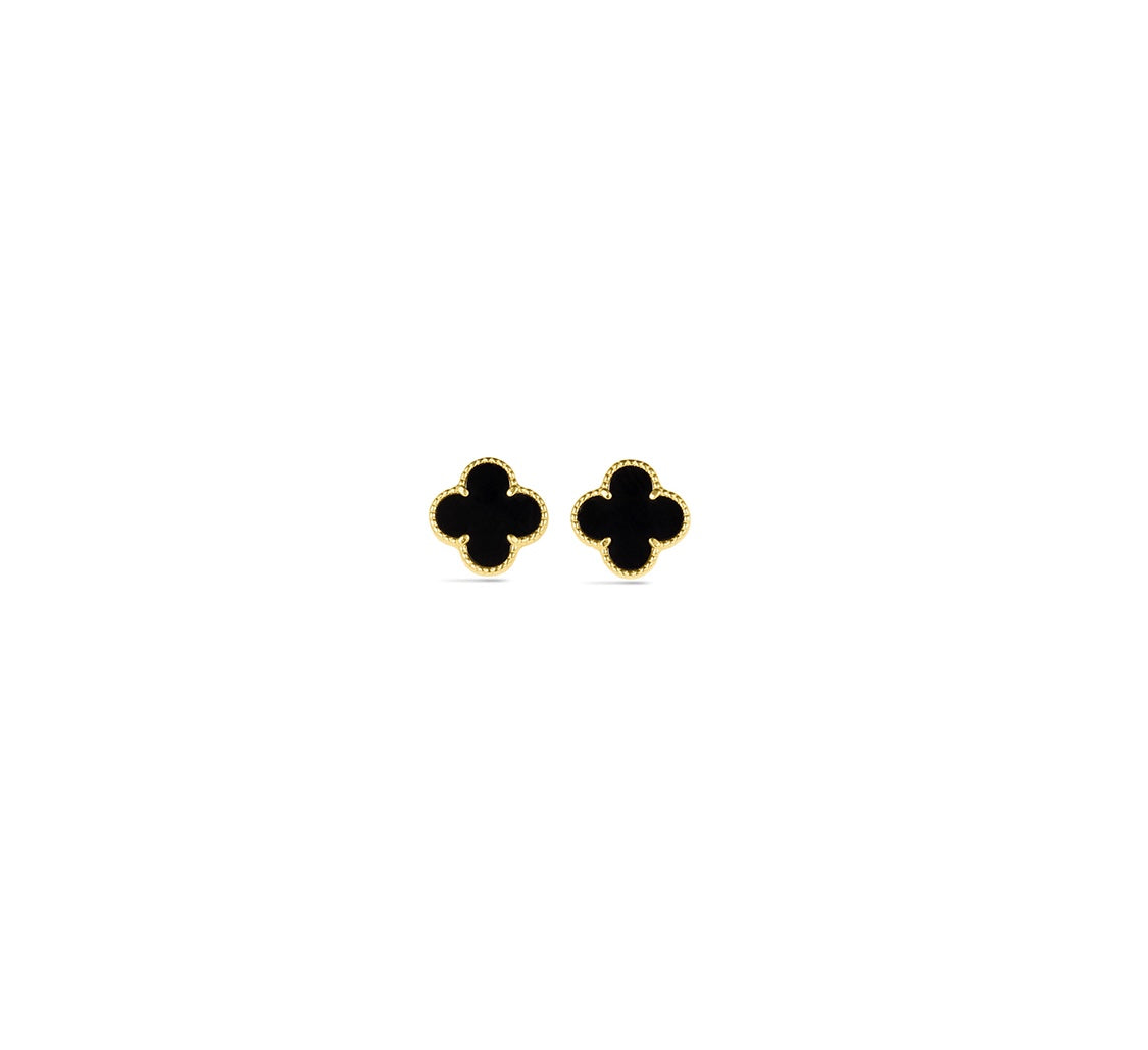 14K Yellow Gold Italian Black Onyx Clover Earrings