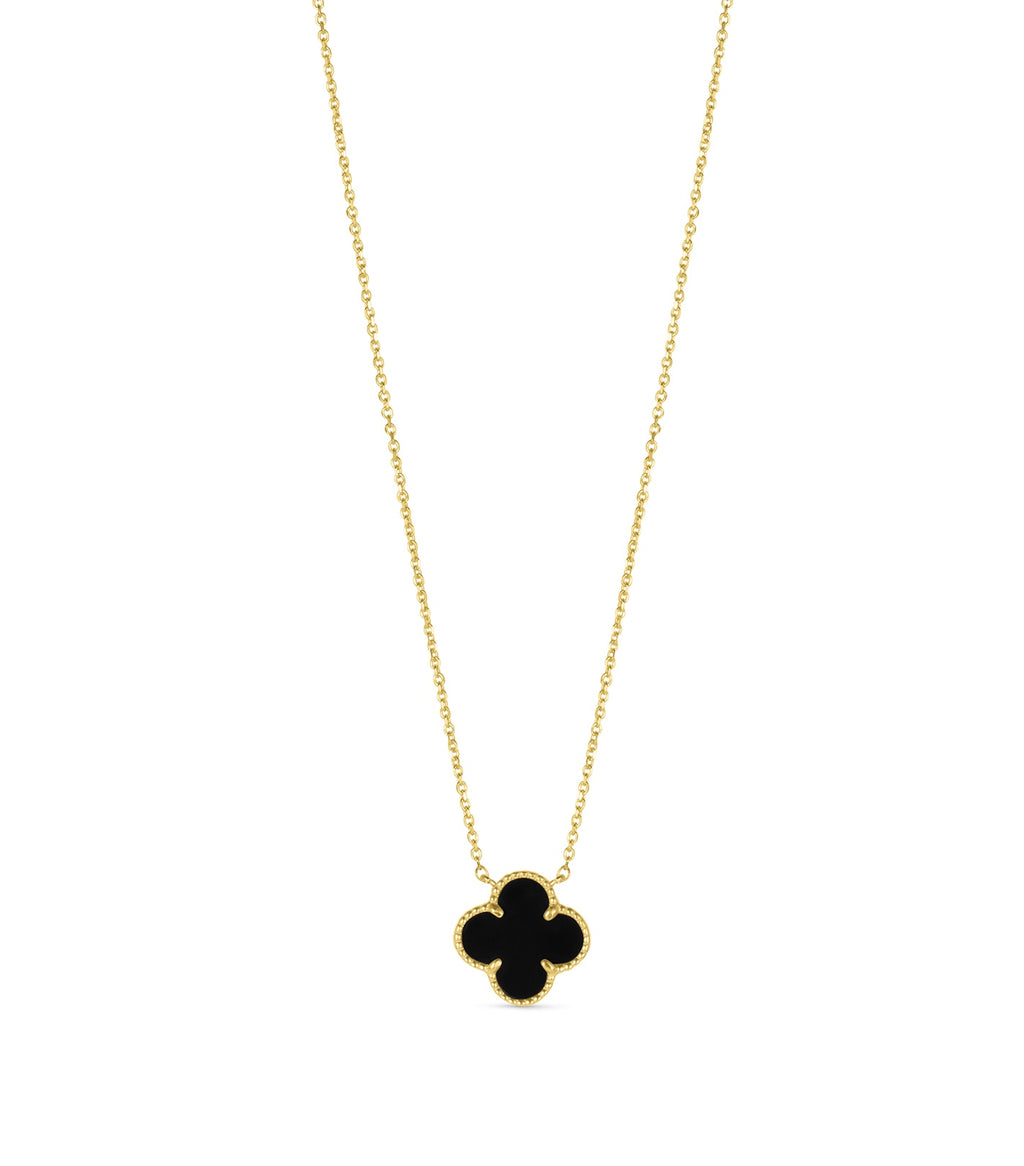14K Yellow Gold Italian Black Onyx Clover Necklace