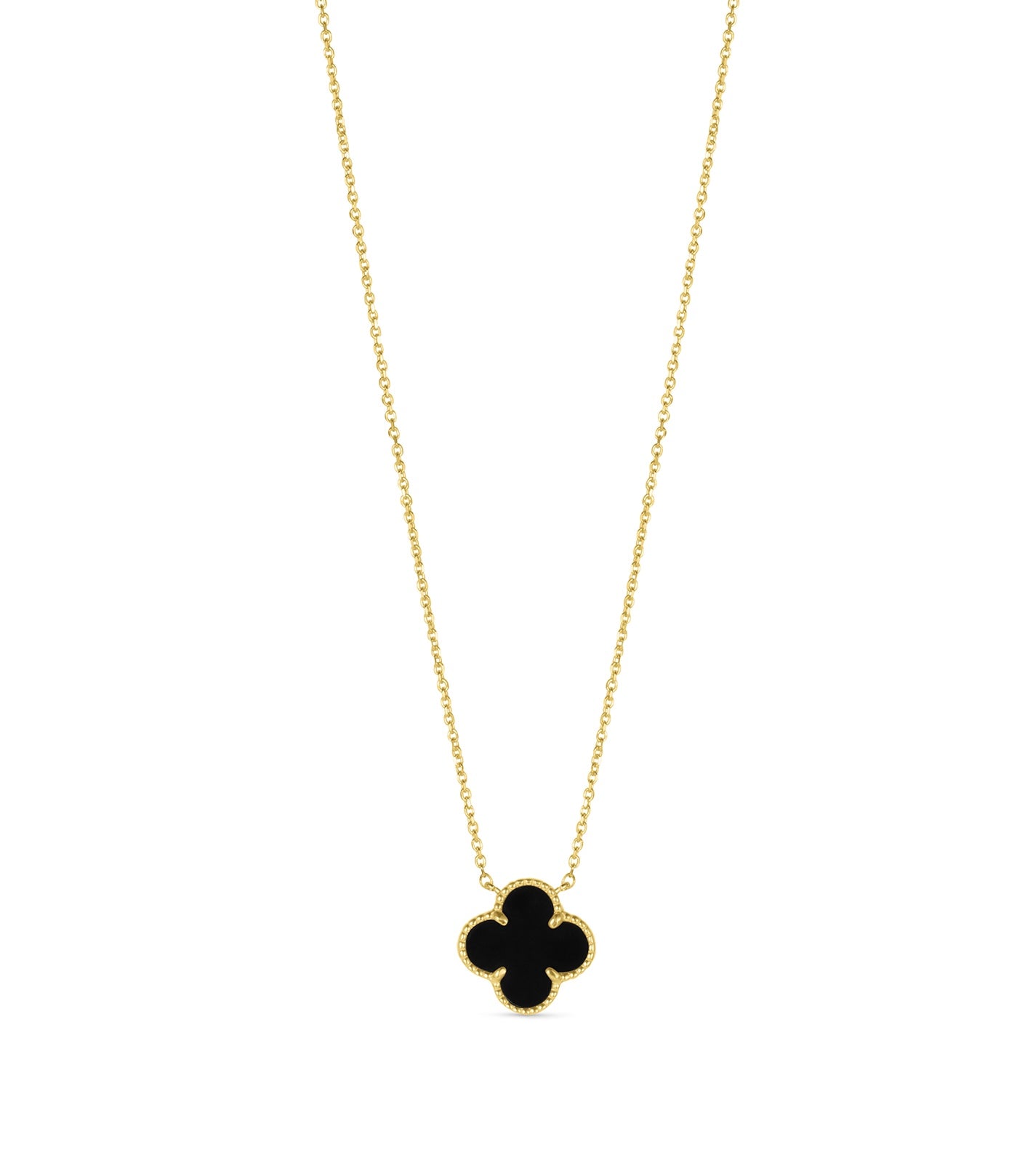 14K Yellow Gold Italian Black Onyx Clover Necklace