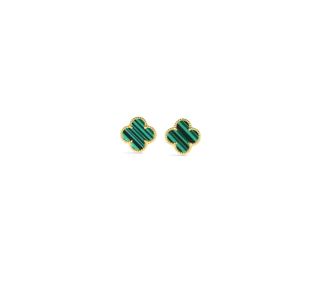 14K Yellow Gold Italian Green Malachite Clover Earrings