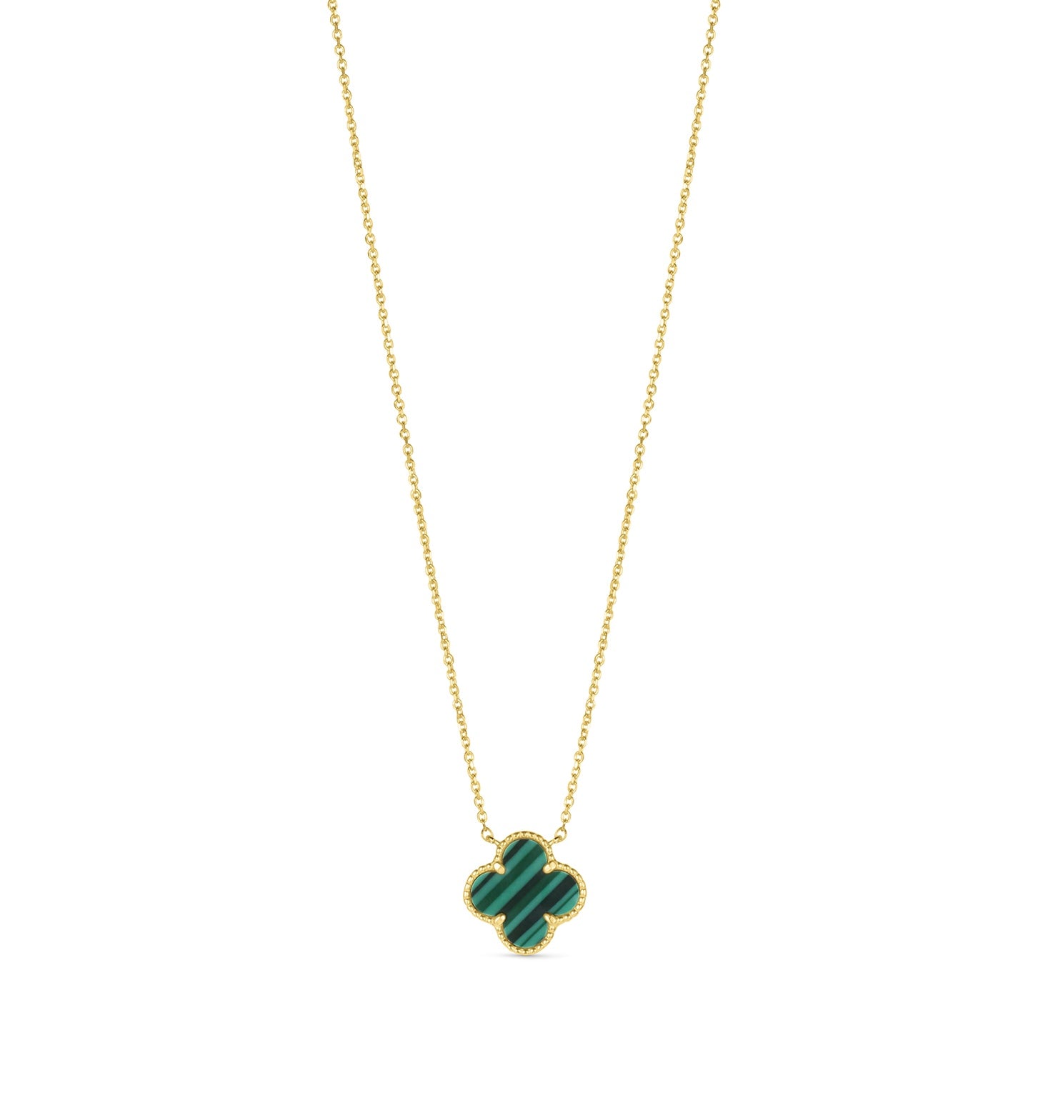 14K Yellow Gold Italian Green Malachite Clover Necklace