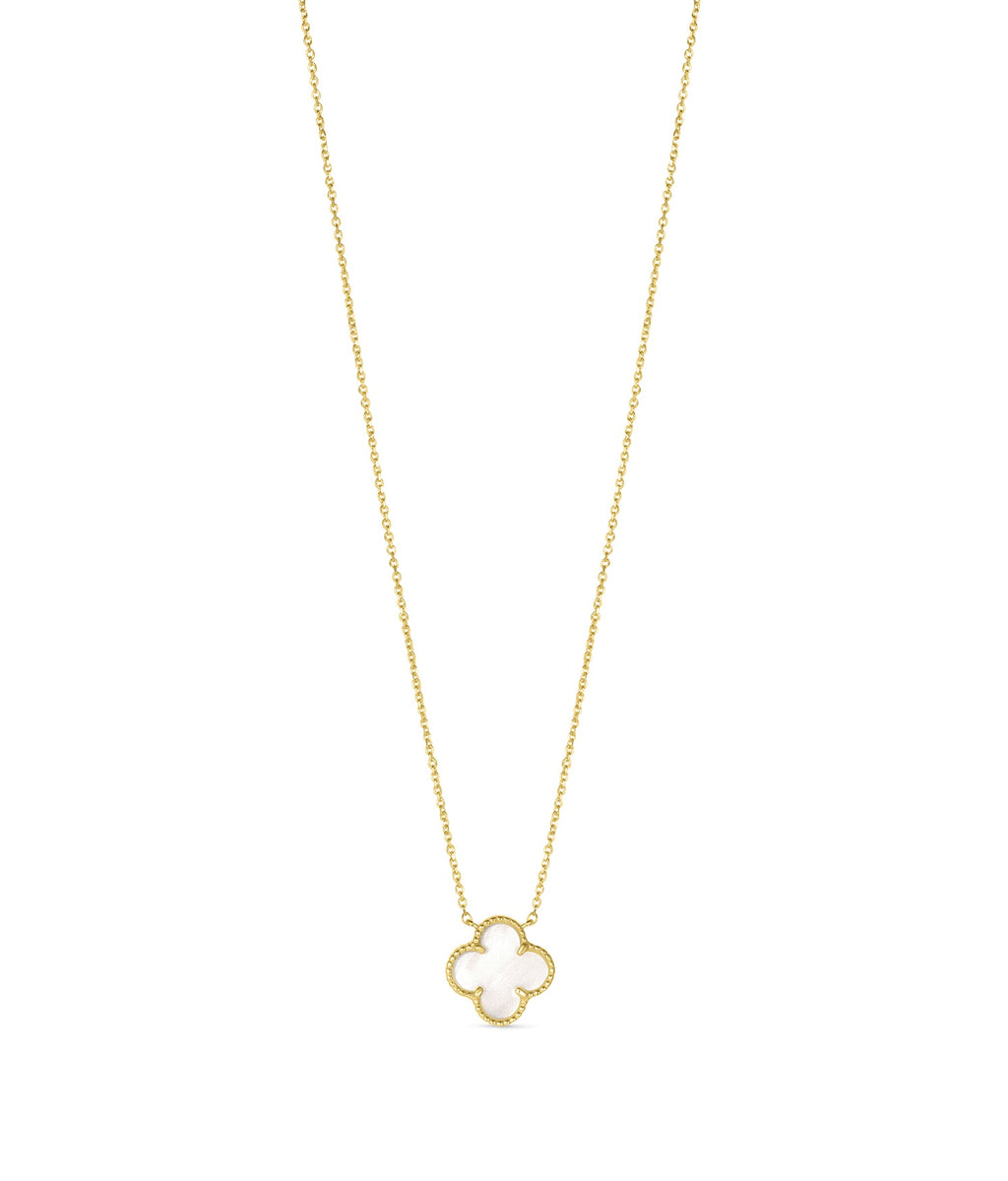 14K Yellow Gold Italian White Mother of Pearl Clover Necklace