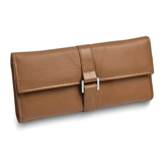 Tan Leather Jewelry Travel Wallet with Removable Zippered Pouch