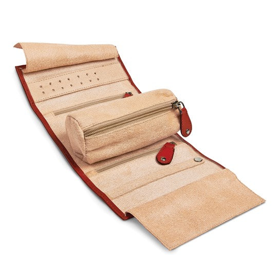 Red Leather Tie Jewelry Roll with Removable Zippered Pouch