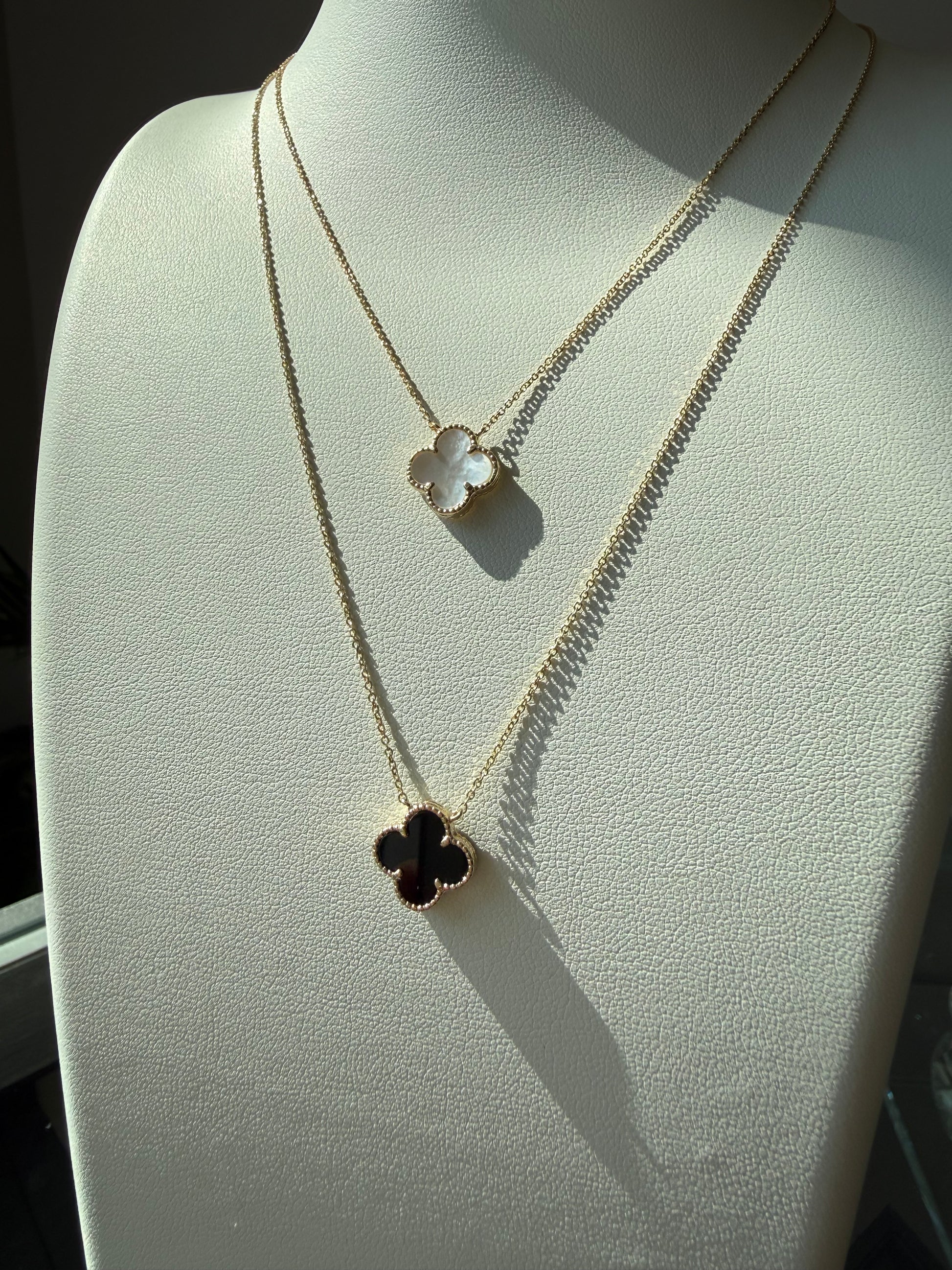 14K Yellow Gold Italian White Mother of Pearl Clover Necklace