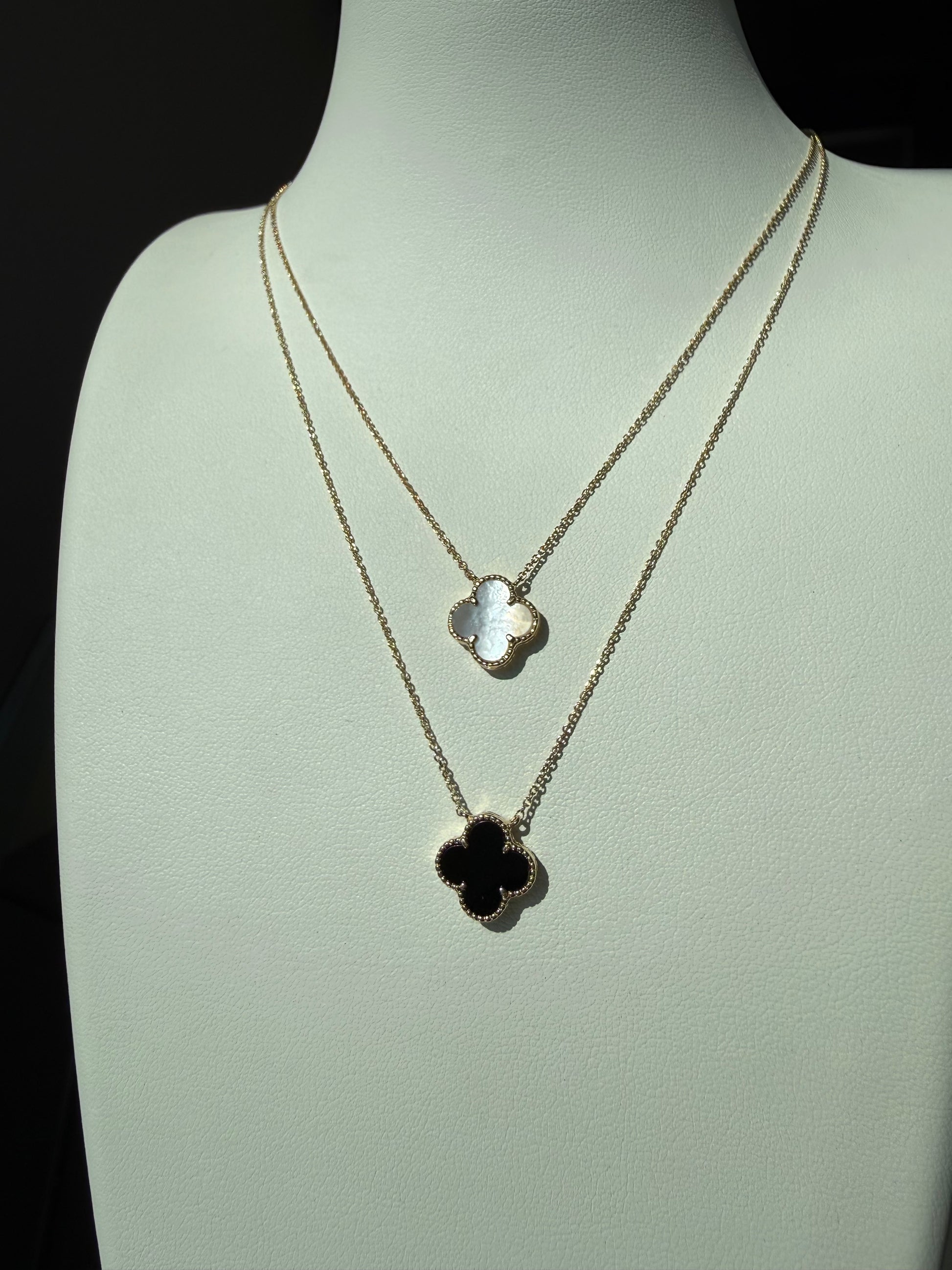 14K Yellow Gold Italian Black Onyx Clover Necklace