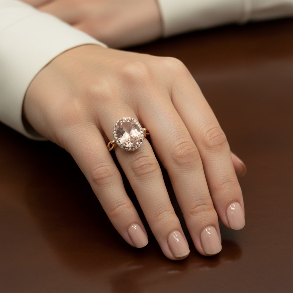 14K Rose Gold Oval Morganite & Diamond Halo Ring