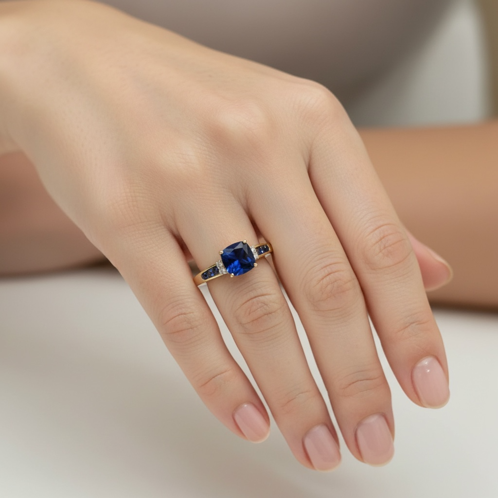 10K Yellow Gold Cushion Created Blue Sapphire &amp; Lab Grown Diamond Ring