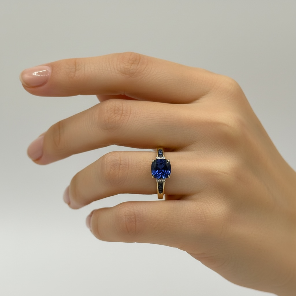 10K Yellow Gold Cushion Created Blue Sapphire &amp; Lab Grown Diamond Ring