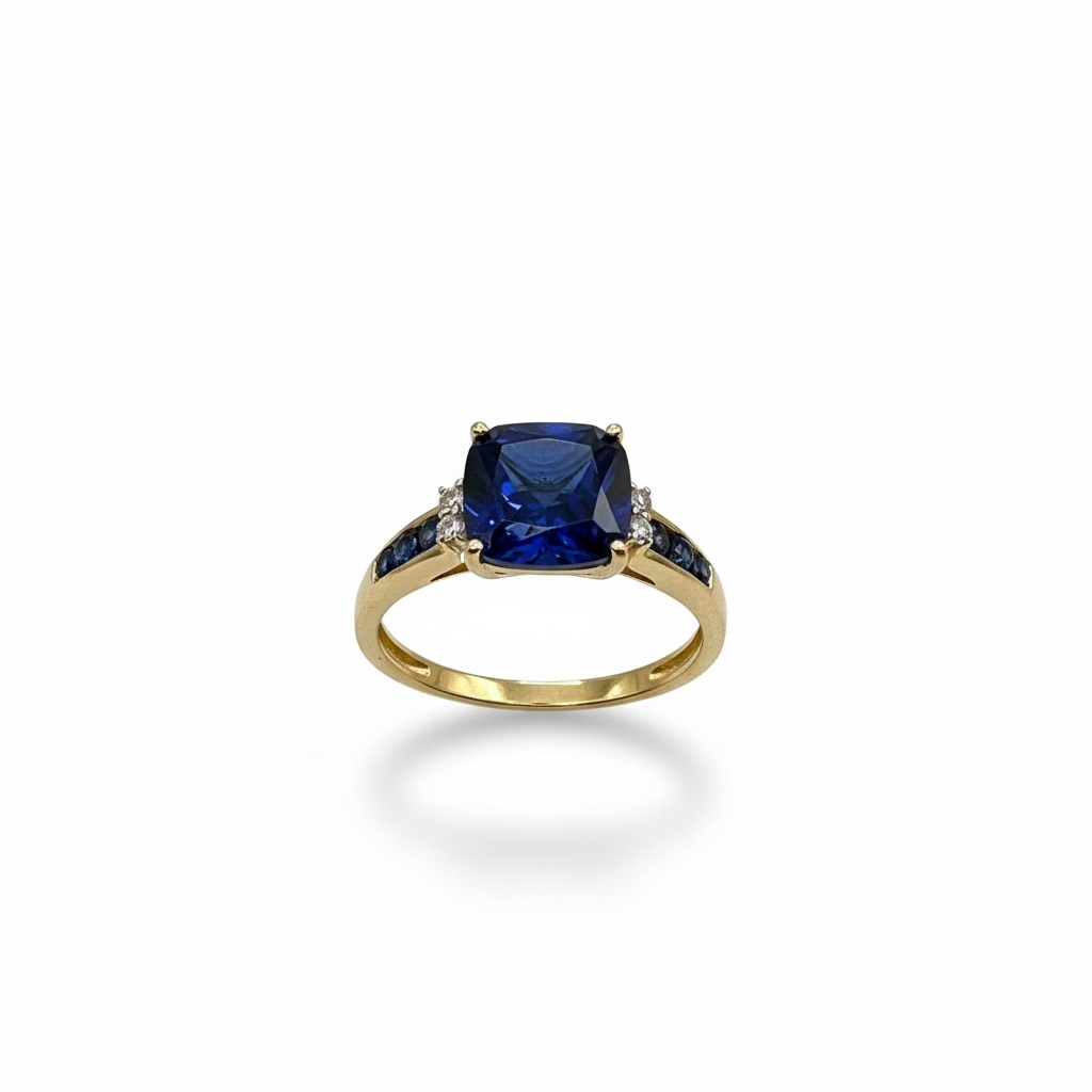 10K Yellow Gold Cushion Created Blue Sapphire &amp; Lab Grown Diamond Ring