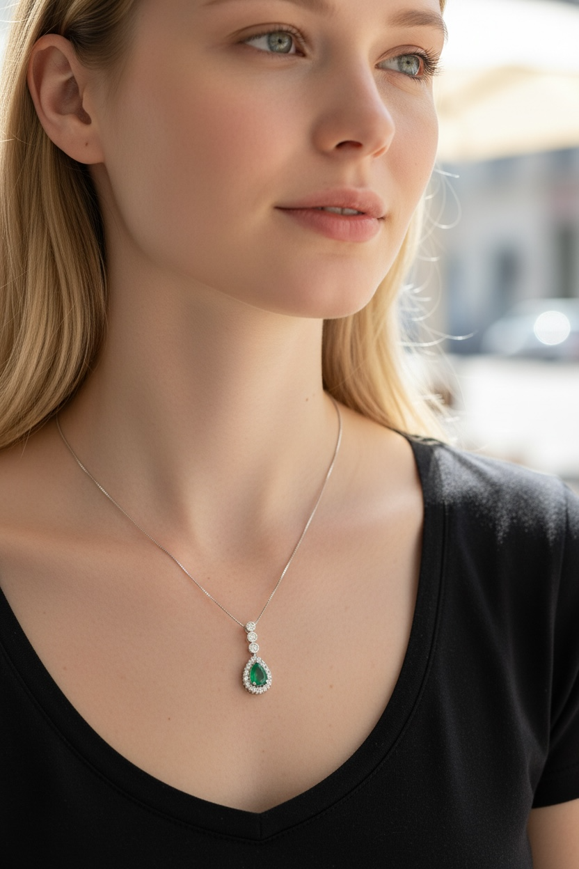 14K White Gold Pear Shaped Zambian Emerald & Diamond Halo Pendant