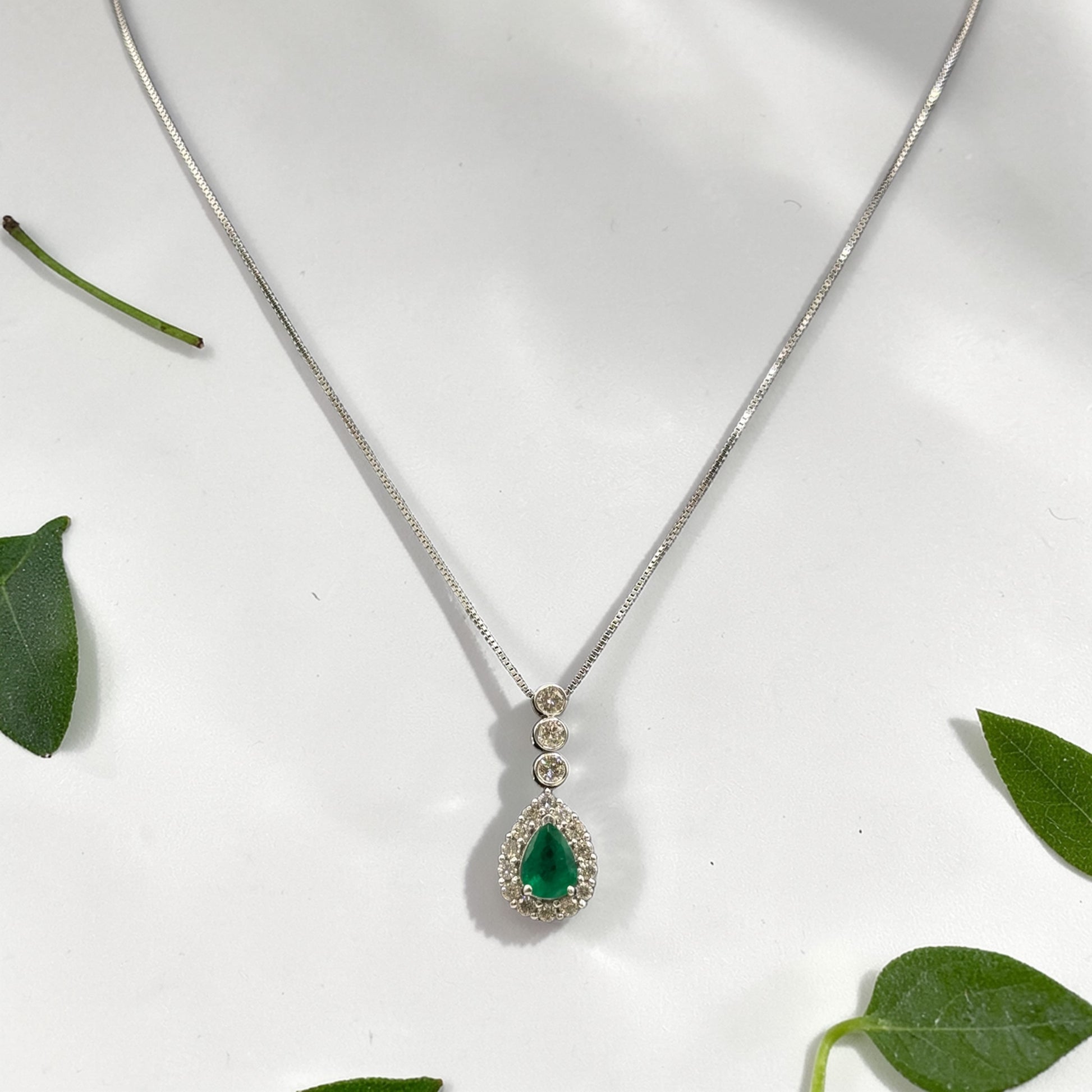 14K White Gold Pear Shaped Zambian Emerald & Diamond Halo Pendant