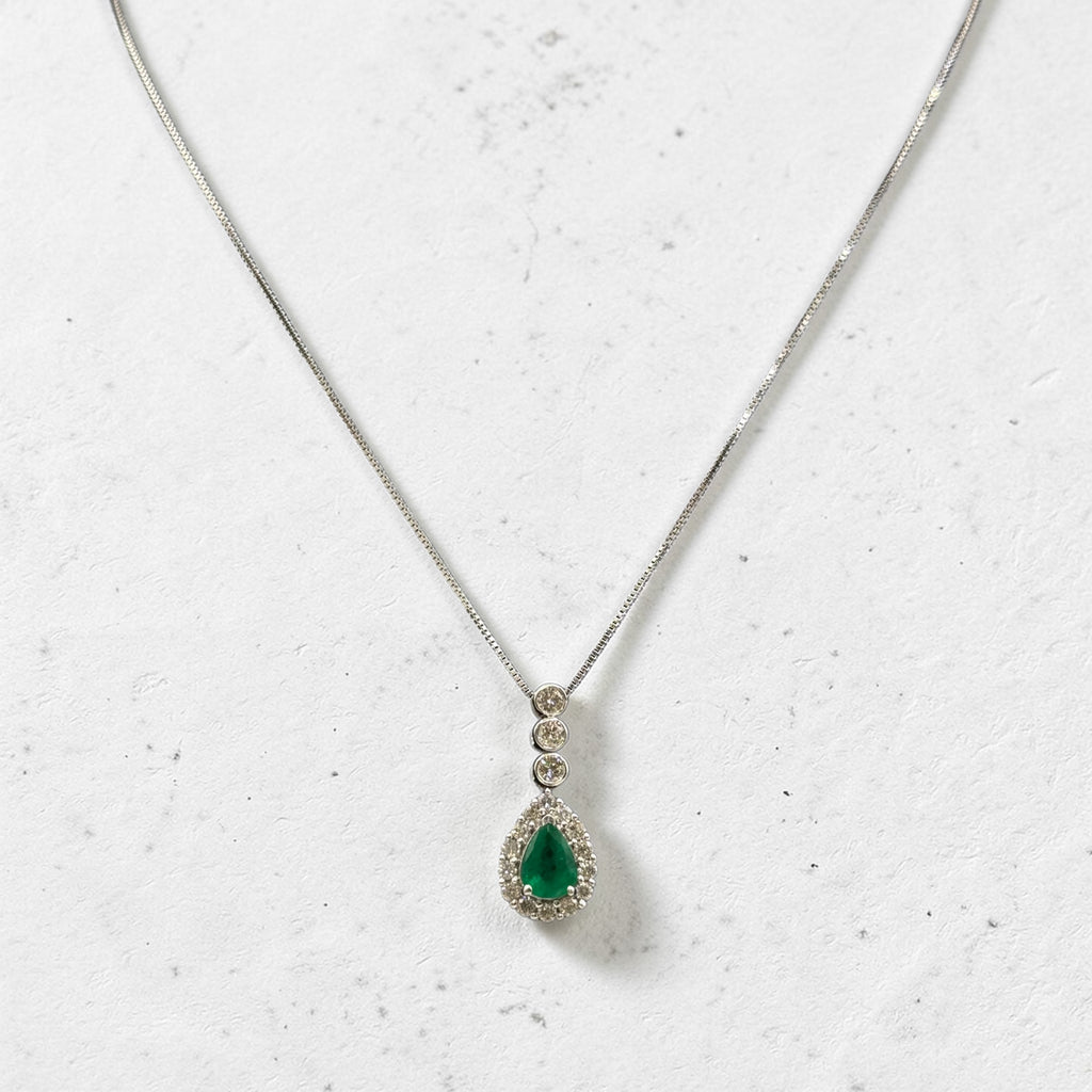 14K White Gold Pear Shaped Zambian Emerald & Diamond Halo Pendant