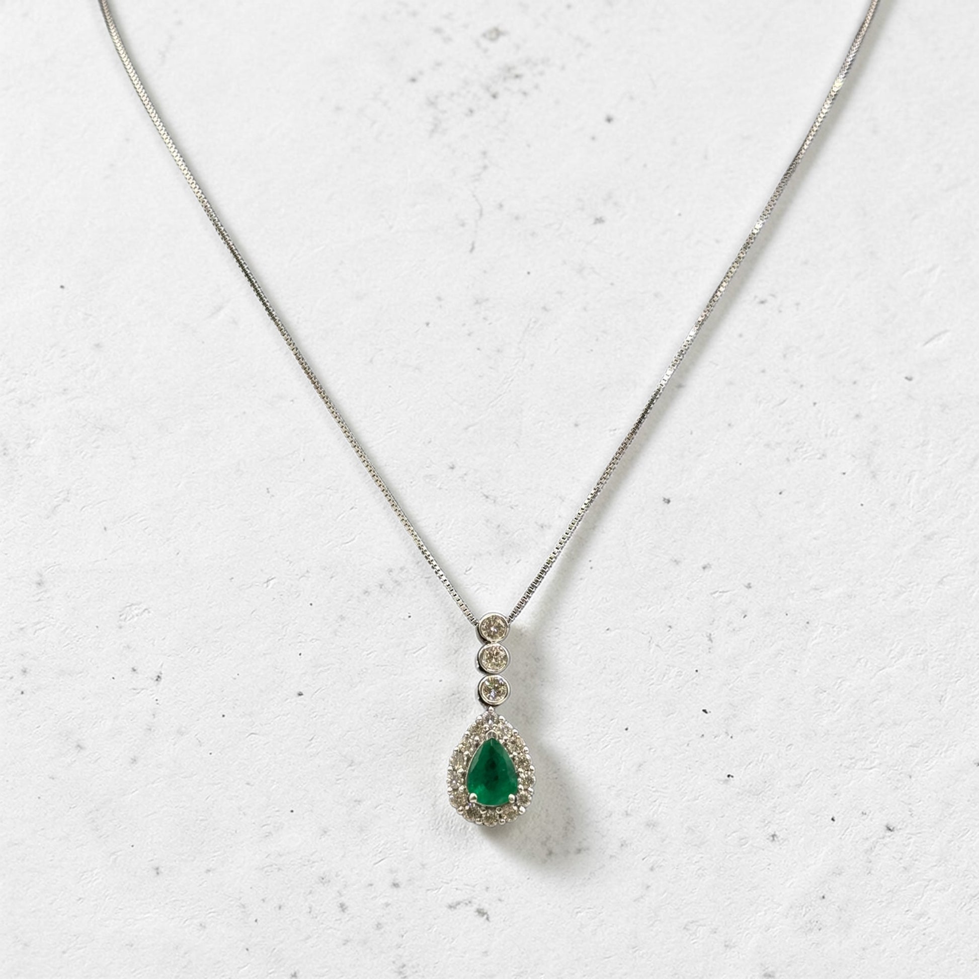 14K White Gold Pear Shaped Zambian Emerald & Diamond Halo Pendant