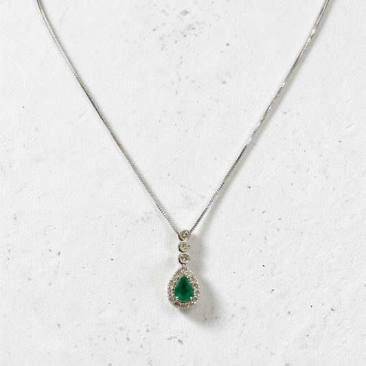14K White Gold Pear Shaped Zambian Emerald & Diamond Halo Pendant