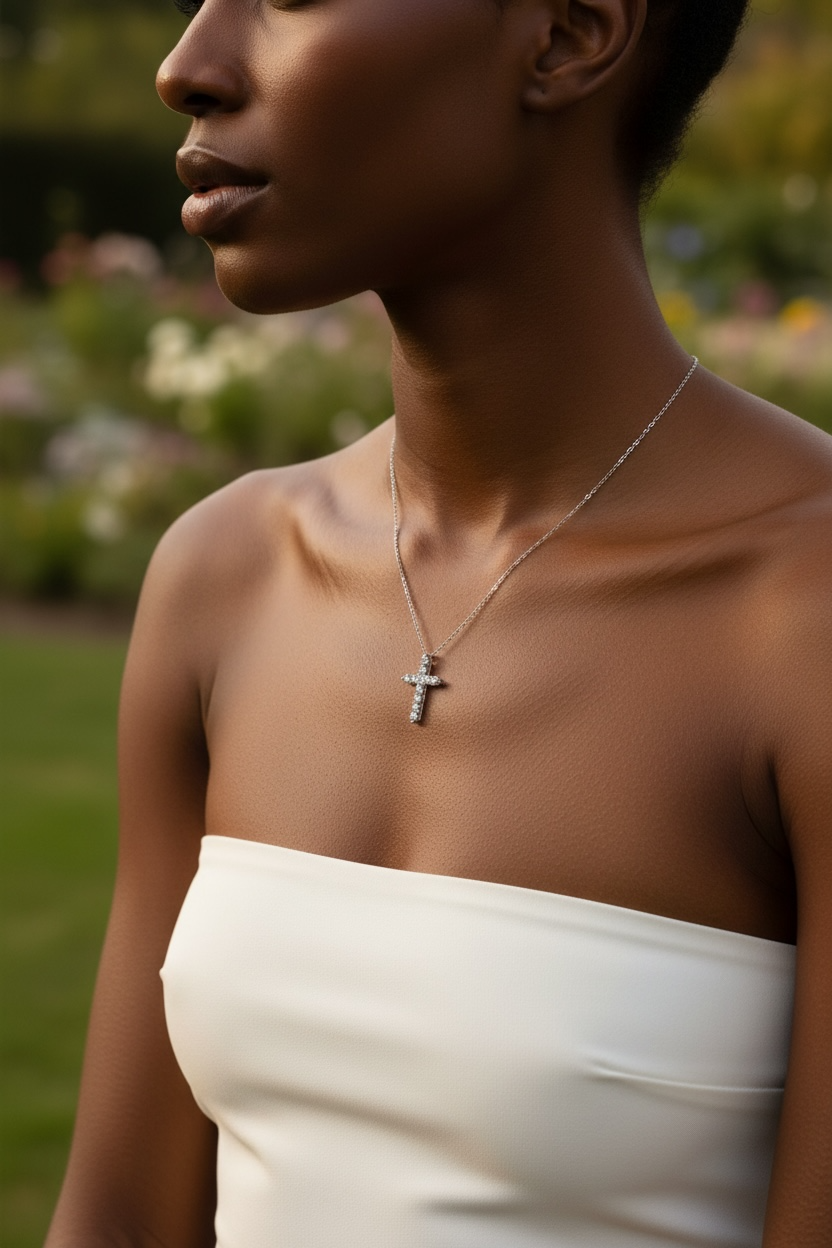 Lab Grown Diamond Cross Sterling Silver 18 Inch Necklace