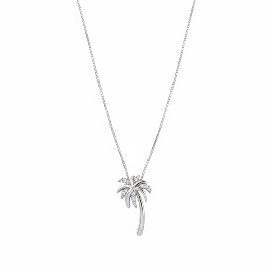 Sterling Silver and CZ Palm Tree Pendant 18" Box Chain