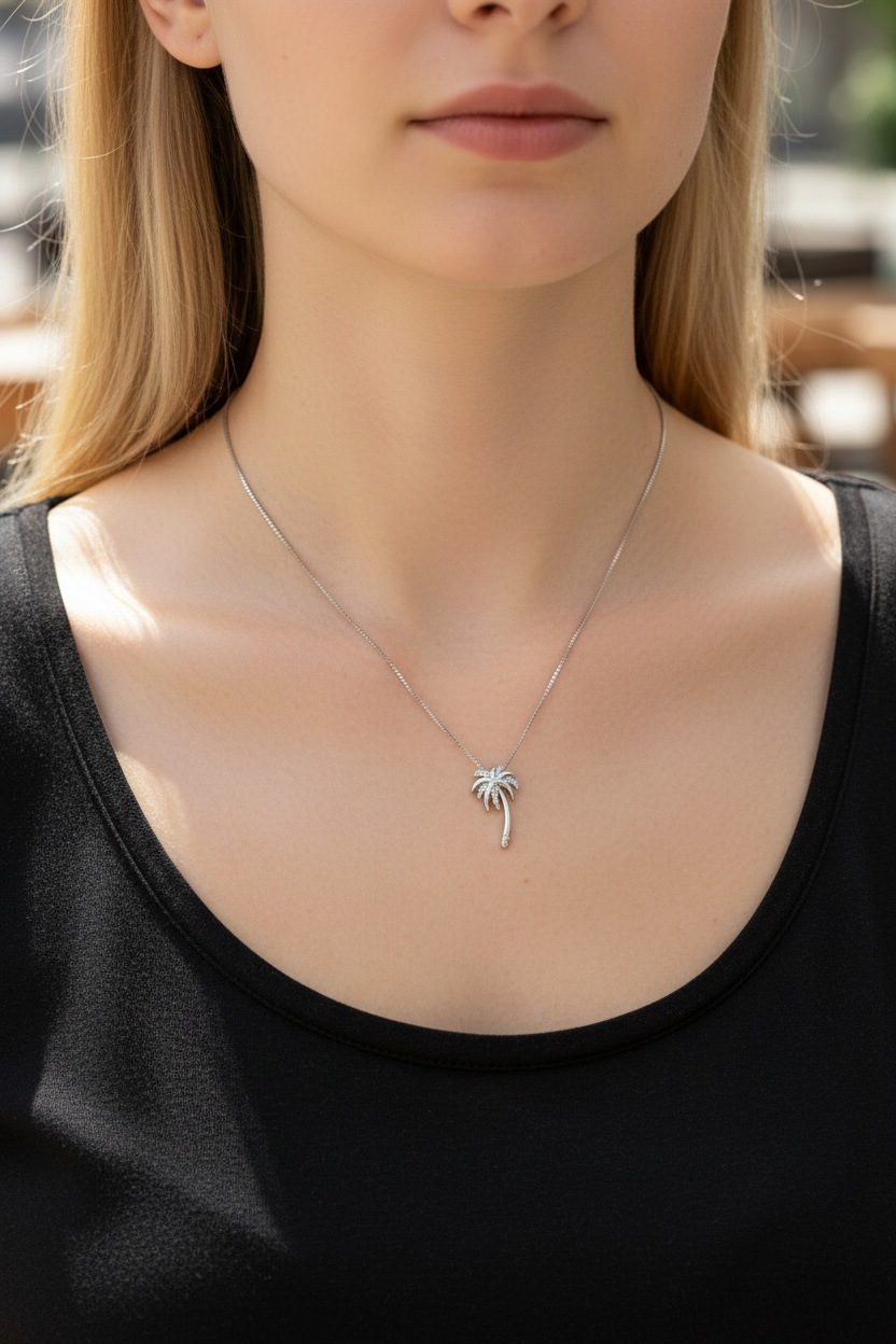 Sterling Silver and CZ Palm Tree Pendant 18" Box Chain