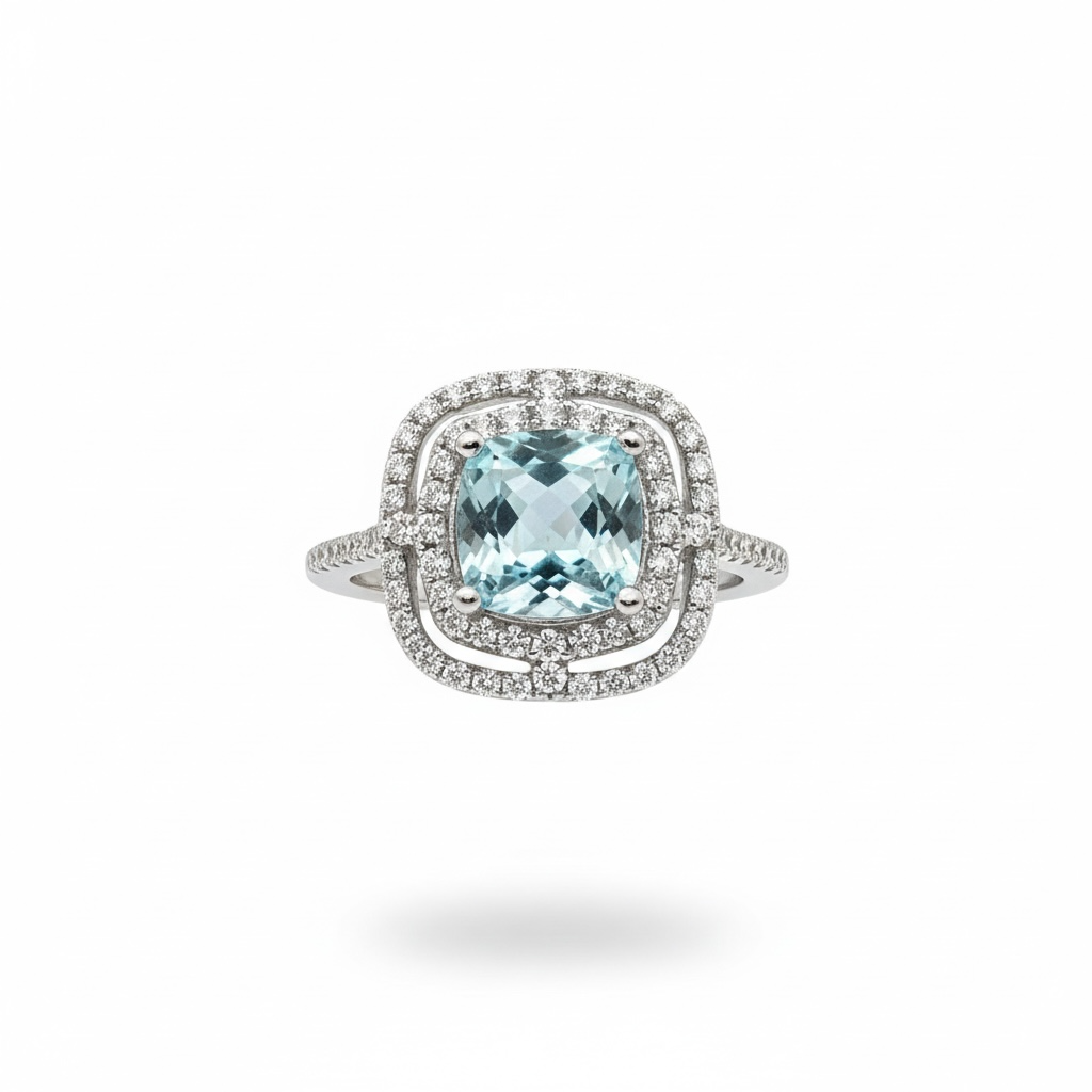 Bellissima Blue Topaz Double Halo Ring in Sterling Silver with White Topaz – 3.32 CT TGW