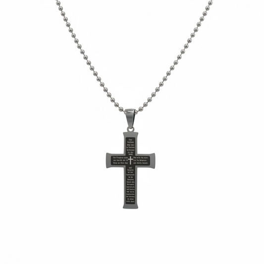 Stainless Steel Two-Tone Men’s Two-Layer Lord’s Prayer Cross Pendant with 24" Chain