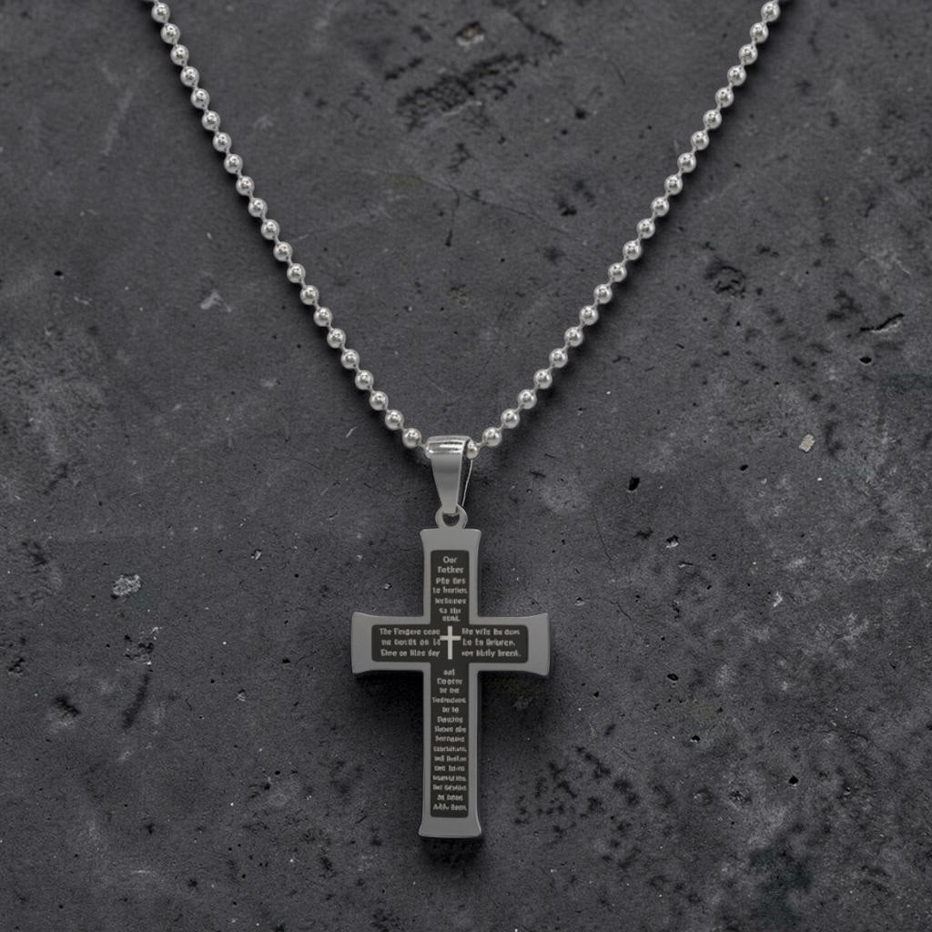 Stainless Steel Two-Tone Men’s Two-Layer Lord’s Prayer Cross Pendant with 24" Chain