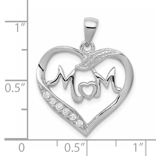 Sterling Silver CZ Mom Heart Pendant