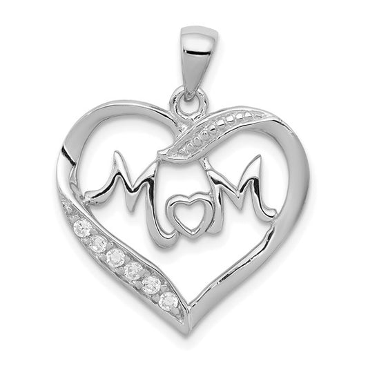 Sterling Silver CZ Mom Heart Pendant