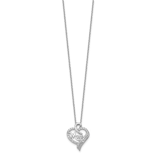 Cheryl M CZ MOM Heart Necklace in Rhodium-Plated Sterling Silver – Adjustable 18" with 2" Extender