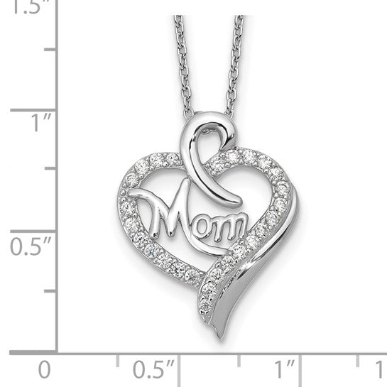 Cheryl M CZ MOM Heart Necklace in Rhodium-Plated Sterling Silver – Adjustable 18" with 2" Extender