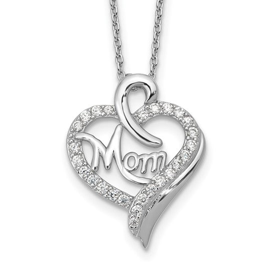 Cheryl M CZ MOM Heart Necklace in Rhodium-Plated Sterling Silver – Adjustable 18" with 2" Extender