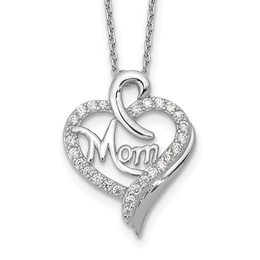 Cheryl M CZ MOM Heart Necklace in Rhodium-Plated Sterling Silver – Adjustable 18" with 2" Extender