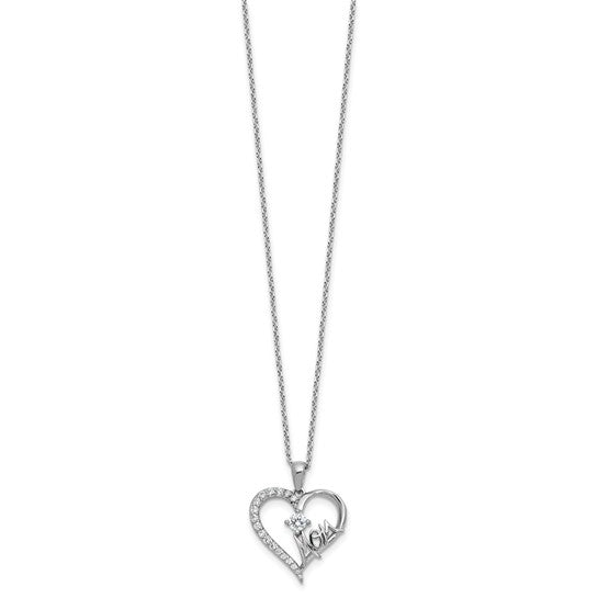 Cheryl M CZ Mom Heart Necklace in Rhodium-Plated Sterling Silver with 2" Extension