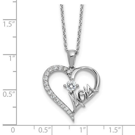 Cheryl M CZ Mom Heart Necklace in Rhodium-Plated Sterling Silver with 2" Extension