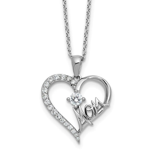 Cheryl M CZ Mom Heart Necklace in Rhodium-Plated Sterling Silver with 2" Extension