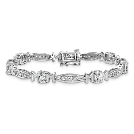 CZ MOM Link Bracelet in Rhodium-Plated Sterling Silver – Safety Clasp Design