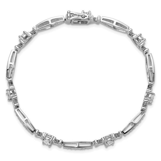 CZ MOM Link Bracelet in Rhodium-Plated Sterling Silver – Safety Clasp Design