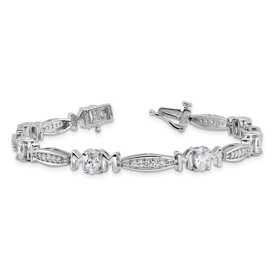 CZ MOM Link Bracelet in Rhodium-Plated Sterling Silver – Safety Clasp Design