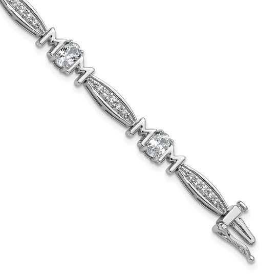 CZ MOM Link Bracelet in Rhodium-Plated Sterling Silver – Safety Clasp Design