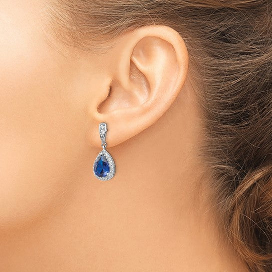 Sterling Silver Lab-Created Blue Spinel & White CZ Teardrop Dangle Earrings